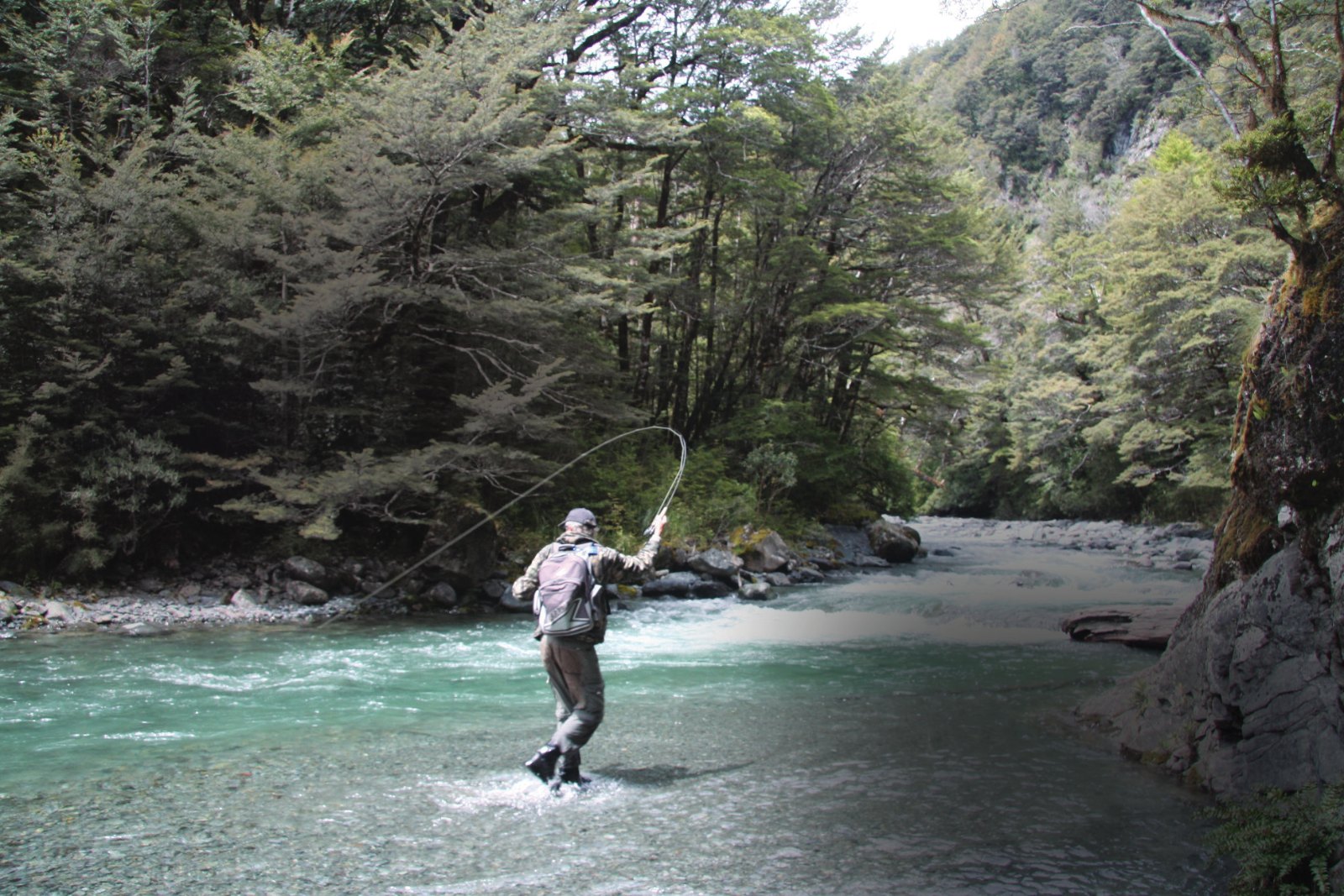Angler casting on a mountain river